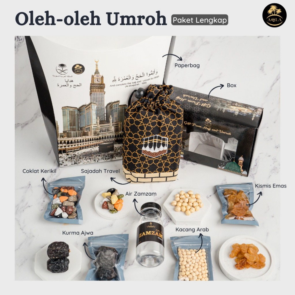 

Paket Oleh oleh Umroh dan Haji Sajadah Paperbag Kurma Ajwa Air zam zam asli Oleh oleh Haji dan Umroh Premium Original
