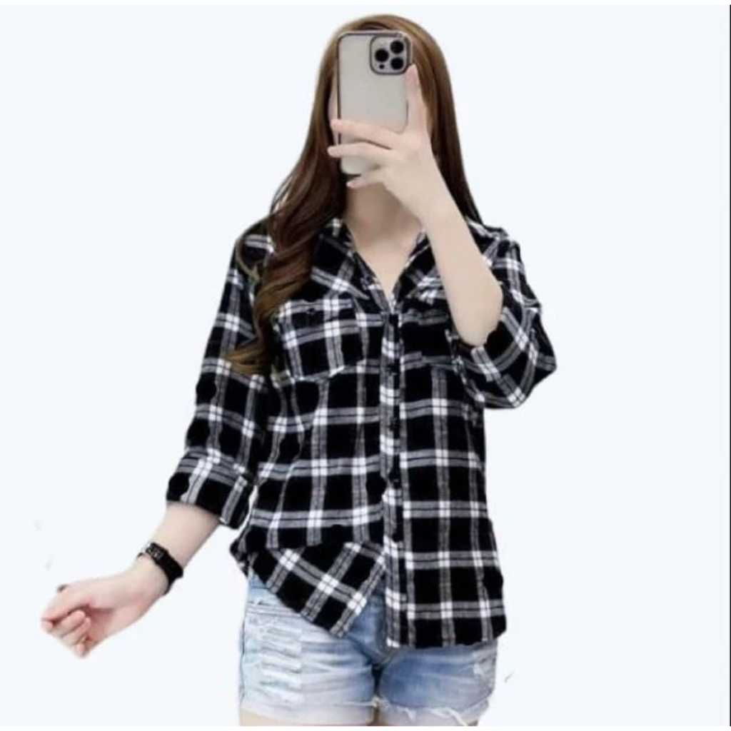kemeja flanel distro pria wanita unisex motif catur garis garis termurah