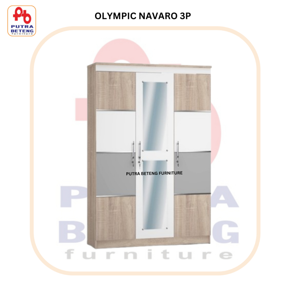 Olympic LP NAVARO 3P Lemari Pakaian 3 Pintu Minimalis - Partikel Board, 120x43x180.9 cm, Pilihan Warna Cream, White, Silver