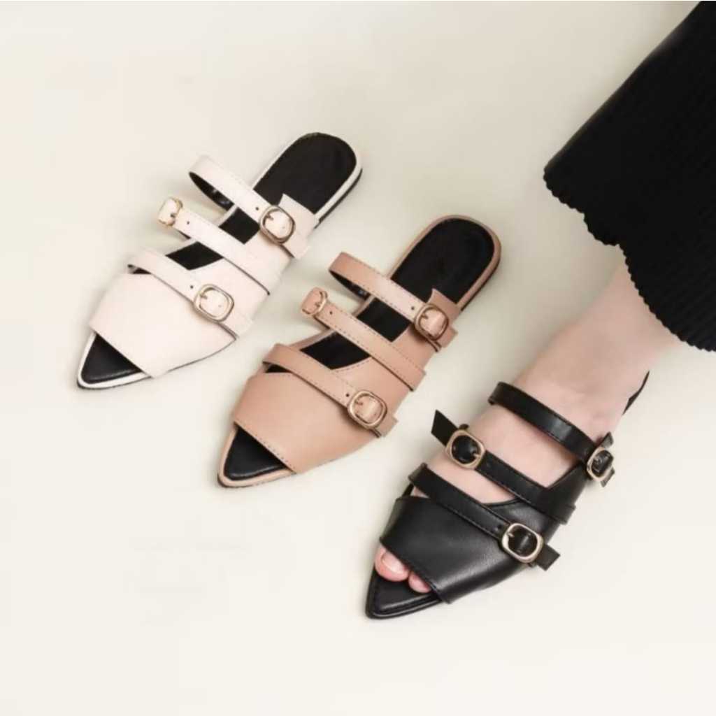 ME LIKE - Sandal Wanita CLAIR Sendal Slop Kekinian Mules 1 cm Flat Gesper JD04 Rebecca
