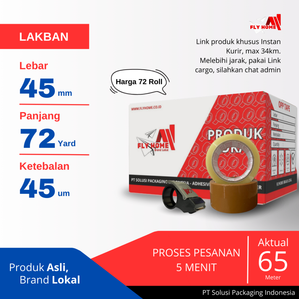 

FLYHOME Lakban bening coklat 72yard 1dus 65METER 45x72yard 2inchi INSTAN