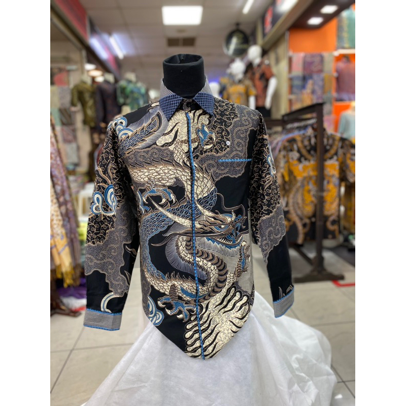 NEW kemeja batik pria exclusive smock bordir naga biru