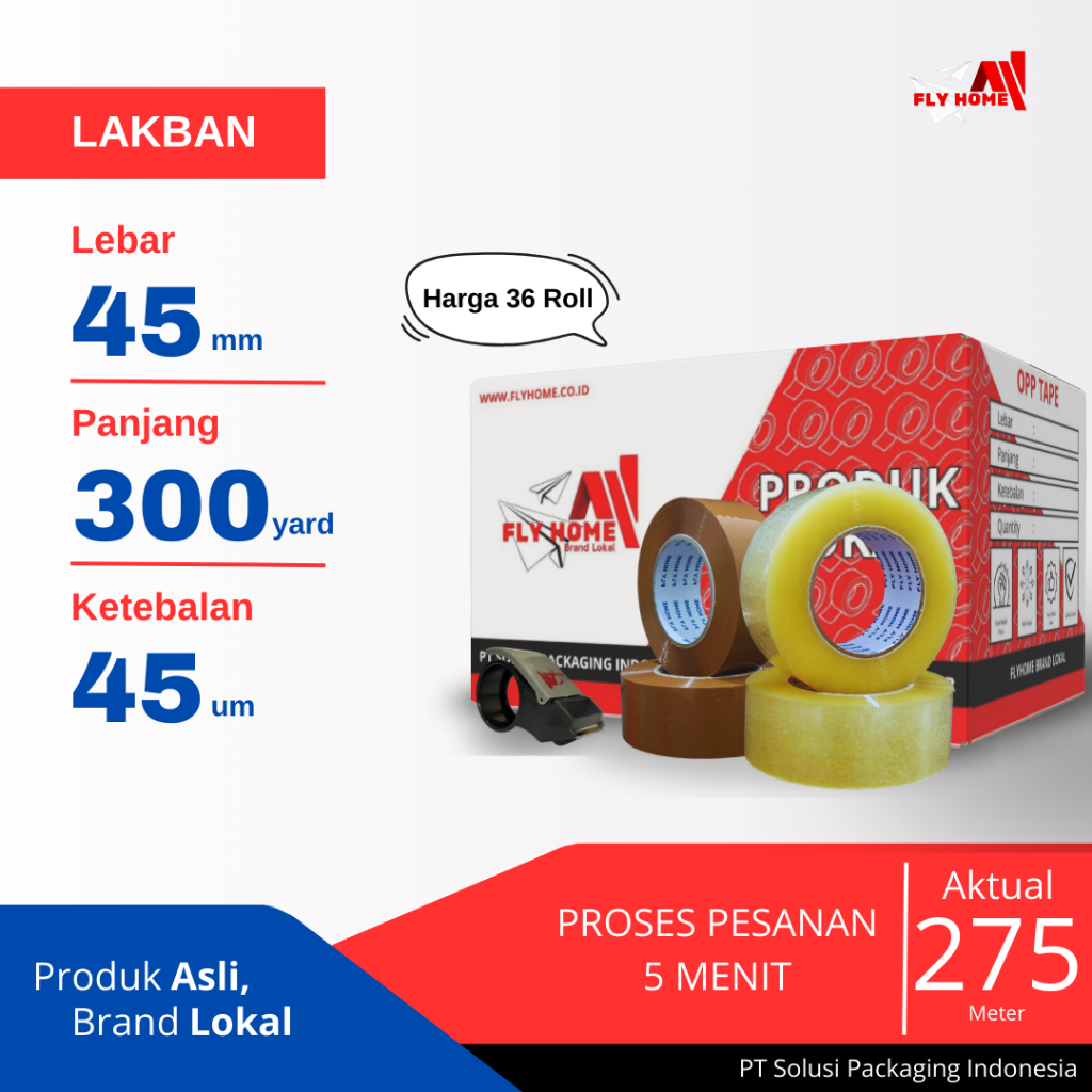 

FLYHOME Lakban bening coklat 300yard 275METER 2inci 45x300 yard 1 dus 36rolls jumbo CARGO