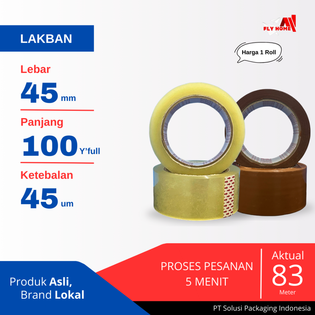 

FLYHOME Lakban bening coklat 2inci 100yard 45x100 yard 1roll ukuran FULL