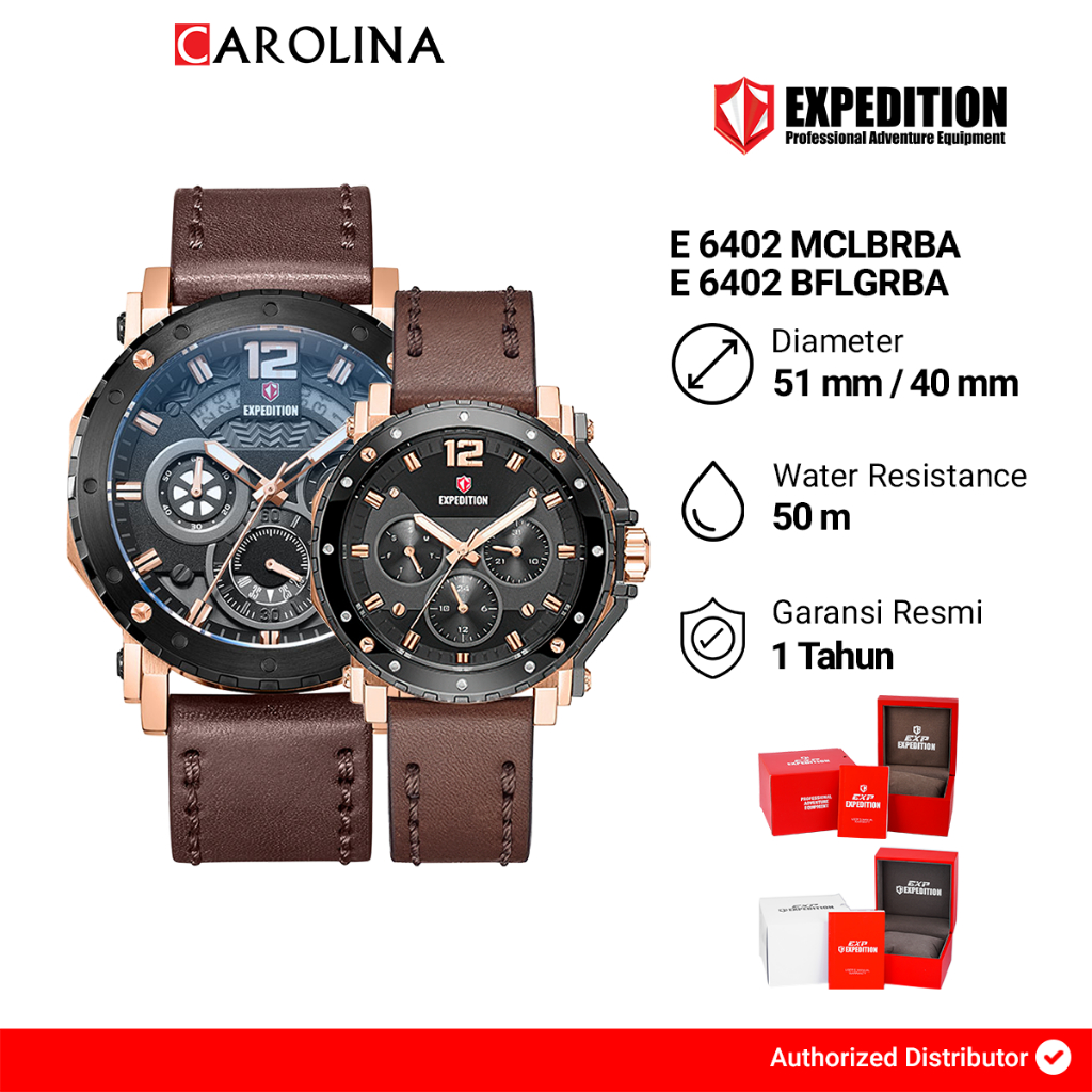 Jam Tangan Couple Expedition EXP Chronograph E6402MCLBRBA/E6402BFLGRBA Black Dial Brown Leather Stra