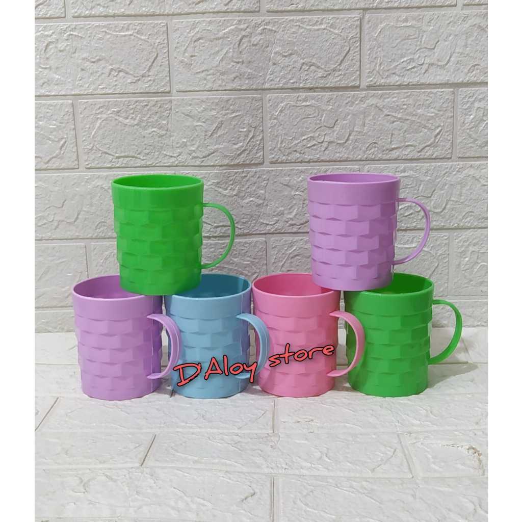 6PCS GELAS GAGANG PLASTIK/GELAS MINUM MUG GAGANG TIKAR
