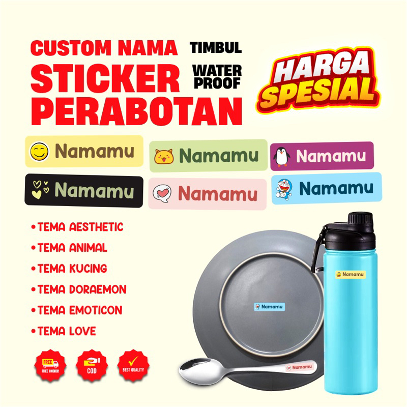 

cute series Custom nama sticker perabotan sendok piring gelas estetik dan tahan air
