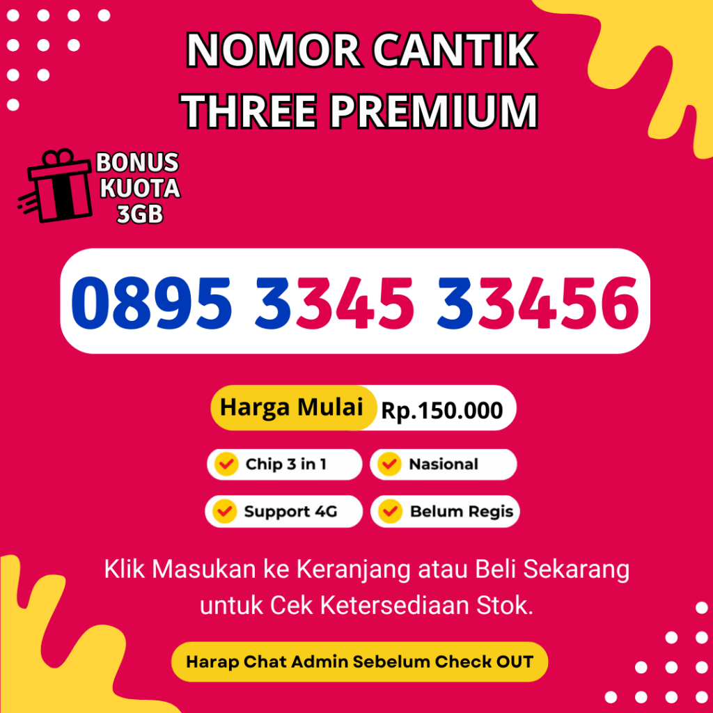Nomor Cantik Tri Seri ABAB Urut Naik Premium- Kartu Perdana Tri Support 4G LTE BONUS KUOTA 3GB