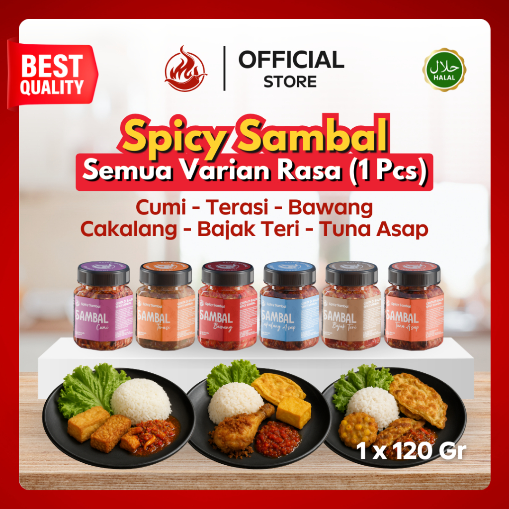 

Spicy Sambal - Semua Varian Rasa - 1 Pcs x 120 Gr - Bawang / Terasi / Tuna Asap / Cakalang / Cumi / Bajak Teri