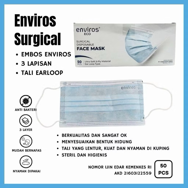 Masker 3ply Enviros Surgical Biru Mask Medis