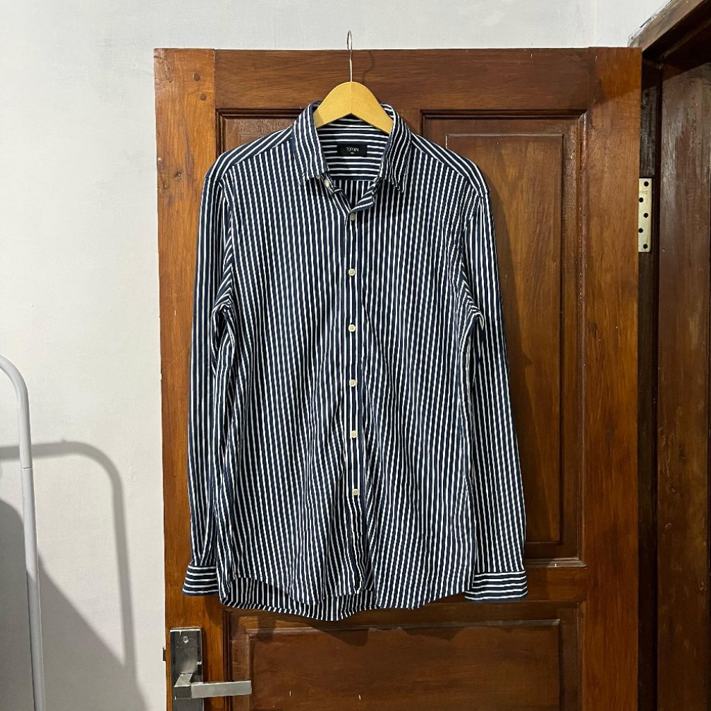 [M-L] TOPTEN Stretchy Blue White Striped Salur Shirt I Vintage Vtg Retro Kemeja Garis-garis Salur Ou