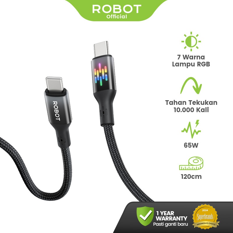 ROBOT Kabel Data Fast Charging 65W 100-120cm Dilengkapi Lampu RGB untuk iPhone dan Android Type C Mi