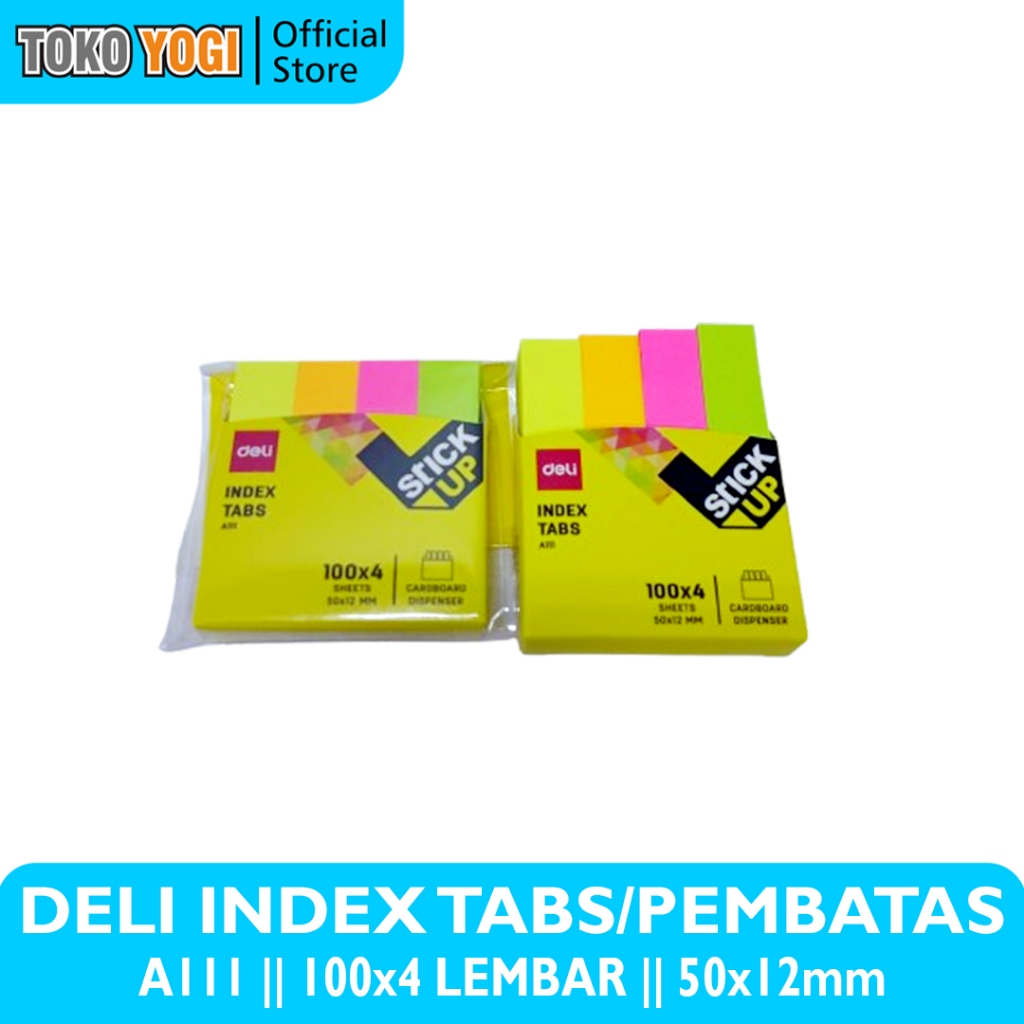 

DELI A111 INDEX TABS 4 WARNA || ISI 1OO x 4 SHEETS || Uk. 50 x 12mm || PEMBATAS BUKU