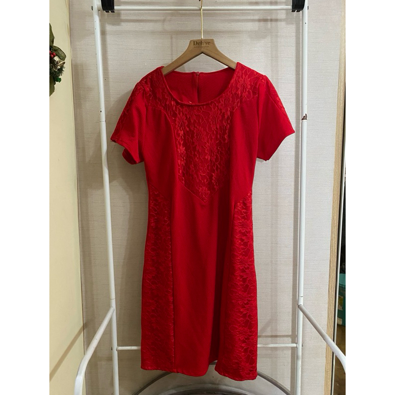 204 dress waffle stretch brukat/dress brukat import/dress merah pendek