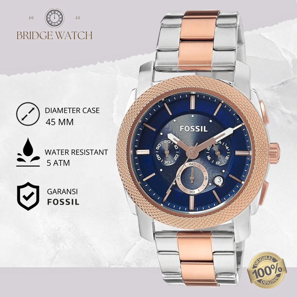 Jam Tangan Pria Fossil Machine FS5037 Original Analog Chronoghraph Silver Gold Stainless Steel Strap