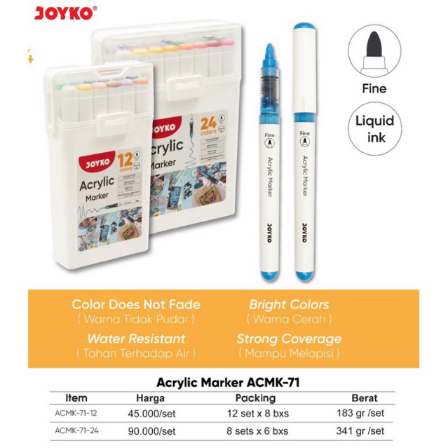

1 set Joyko Spidol Acrylic Marker ACMK-71 12 dan 24 Color / Cat Akrilik Marker Spidol ACMK-71 12W dan 24W