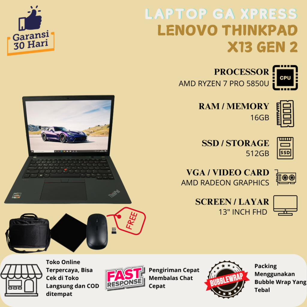 Lenovo Thinkpad X13 Gen 2 AMD RYZEN 7 PRO 5850U Layar 13 inch FHD - RAM 16GB SSD 512GB