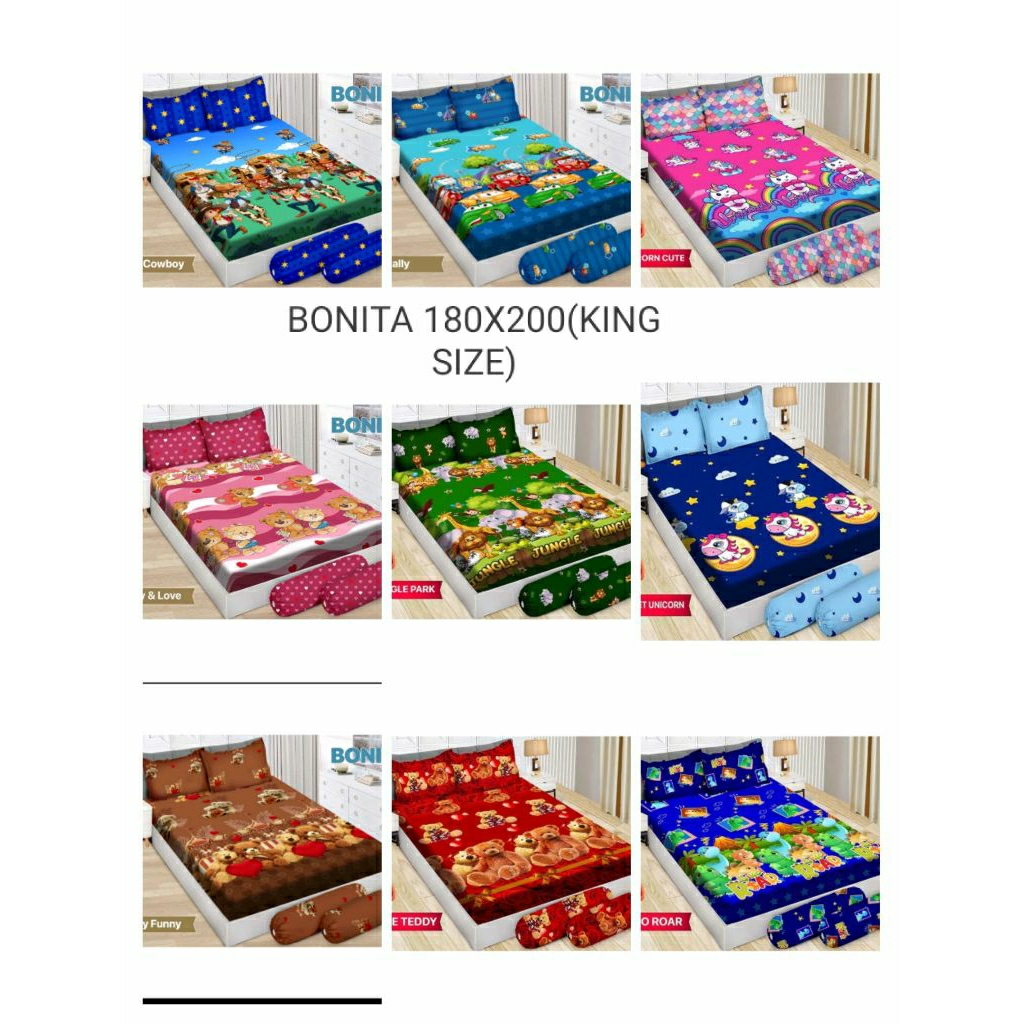Sprei bonita 180x200/king motif karakter /kartun/anak:cowboy,rally/cars/mc queen/mobil balap,teddy b