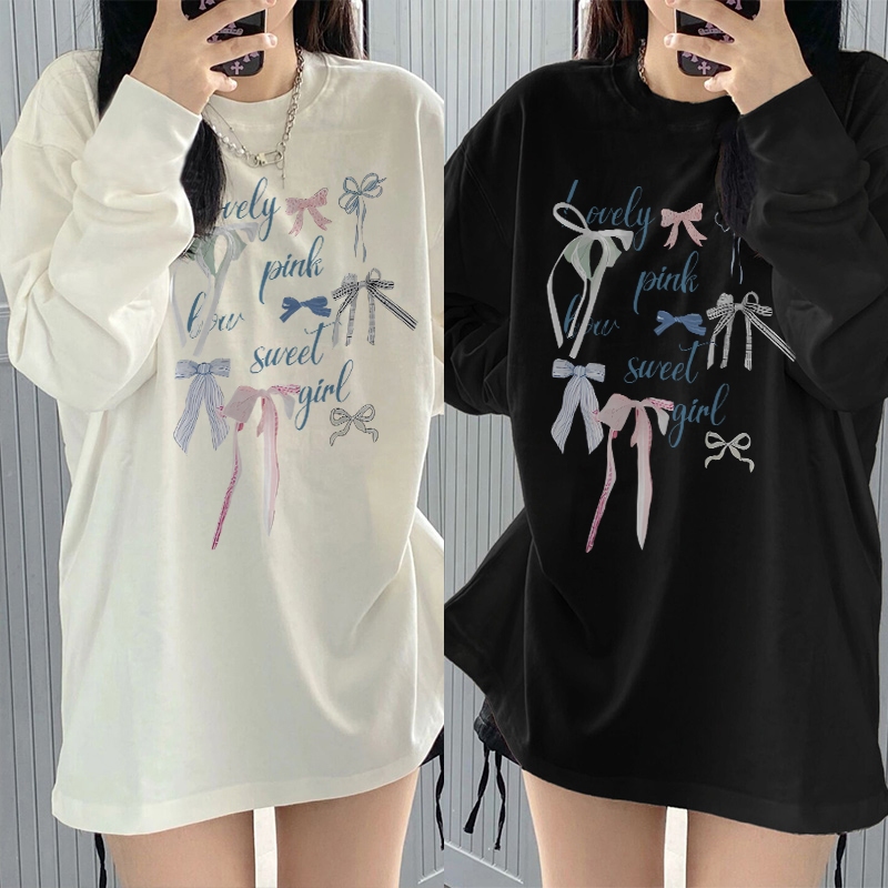 Kaos Oversize Lengan Panjang Wanita Cetakan Colorful bow/Baju Kaos Lengan Panjang Wanita Terbaru Kek