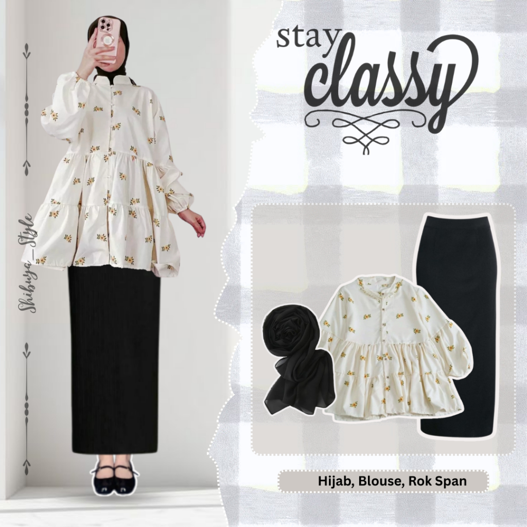 Blouse Korea Style 3In1(Blouse Kiva Katun Motif-Rok Span Scuba Hitam-Jilbab Bella Square Hirtam)SS54