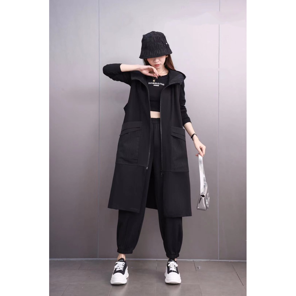 Nineties Studio - Long hoodie vest with giant pockets / vest panjang wanita / vest hitam / rompi wan