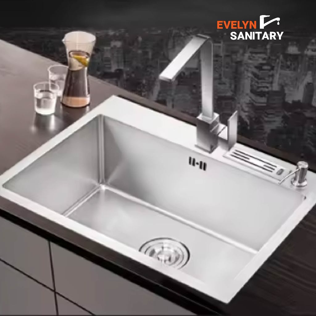 EVELYN SANITARY - Paket Kitchen Sink Stainless Steel 304 Kran Tembok F020 Wastafel Dapur Modern Bak 
