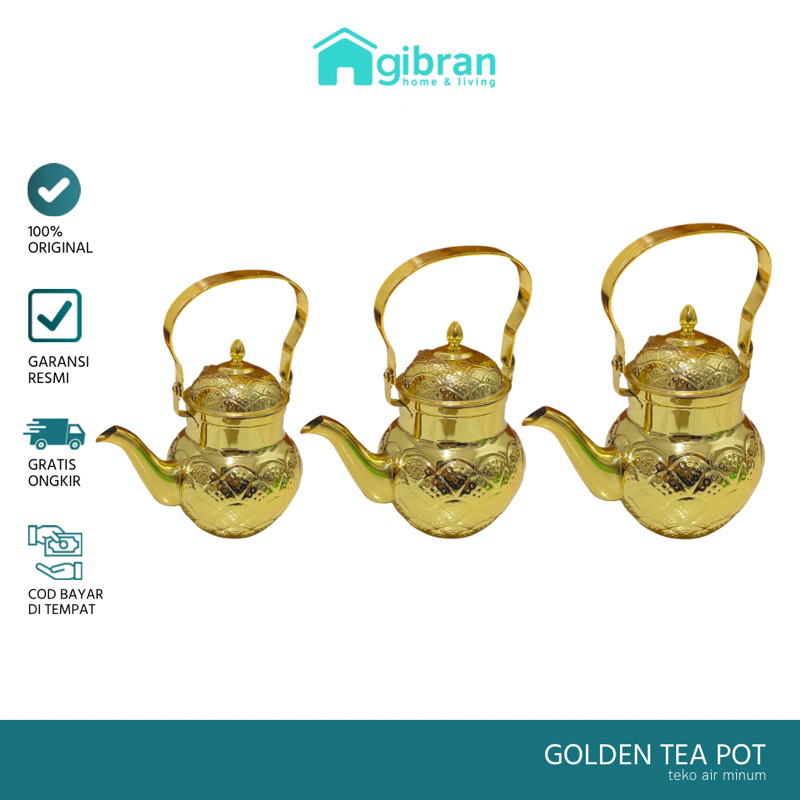 Teko Antik Emas Cantik GOLDEN TEA POT Teko Air Zam-Zam Gagang Atas Stainless steel Awet Original