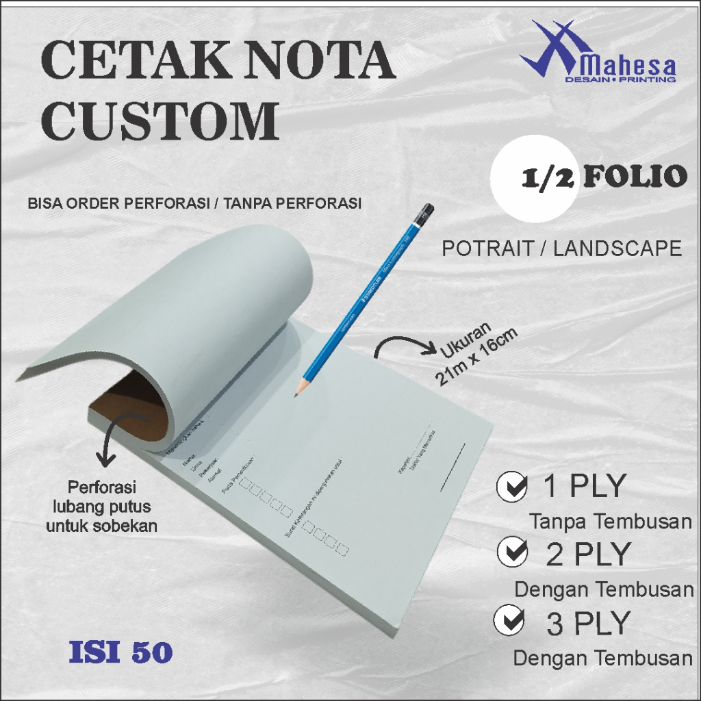 

Cetak Nota / Kwitansi / Surat jalan / invoice , dll | Custom ukuran 1/2 Folio
