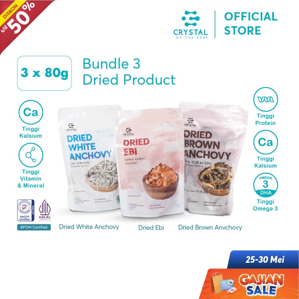 

Crystal of the Sea - (Set of 3 Dried Pouch 80GR) White Anchovy + Brown Anchovy + Ebi Udang Kering