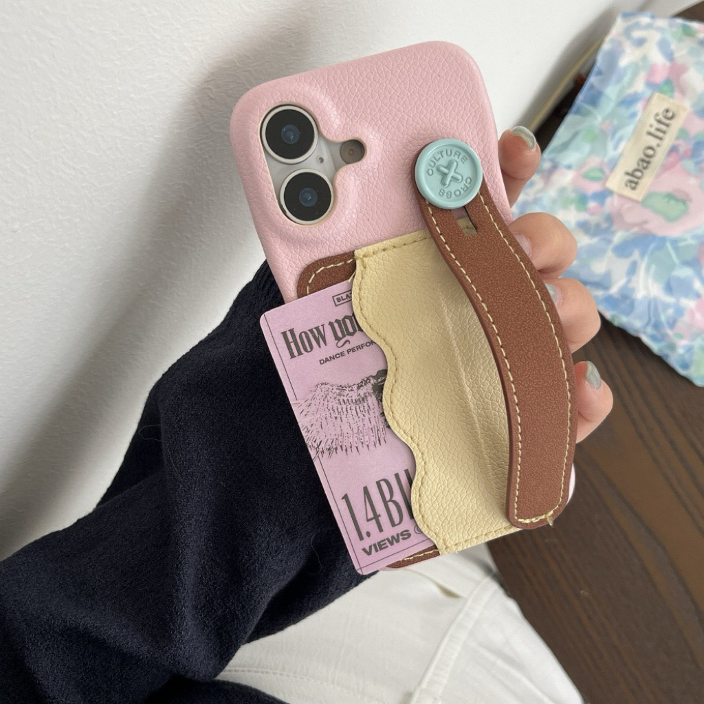 GLEAMSWEAR.ID | Cute Hand Strap with Card Holder Pink Leather Case Iphone 13 14 15 16 Pro Promax