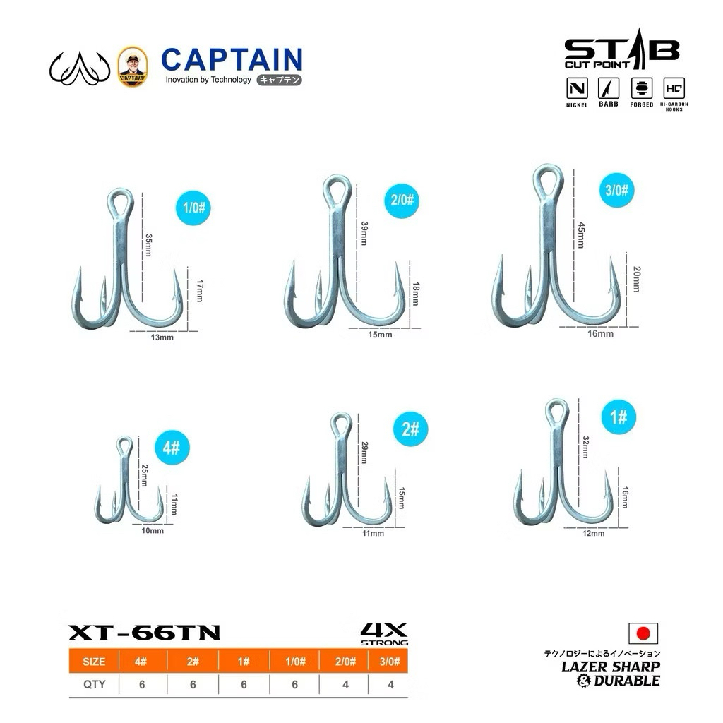 TREBLE HOOK CAPTAIN XT-66TN 4x Strong Hi Carbon Stab Cut Point