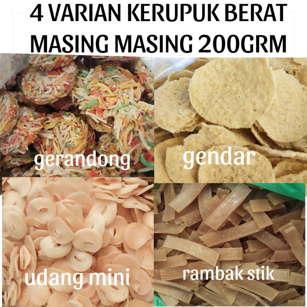 

4 Varian Kerupuk Mentah (Grandong 200gr+Gendar Bulat 200gr+Udang Polo 200gr+Rambak Stik 200gr)