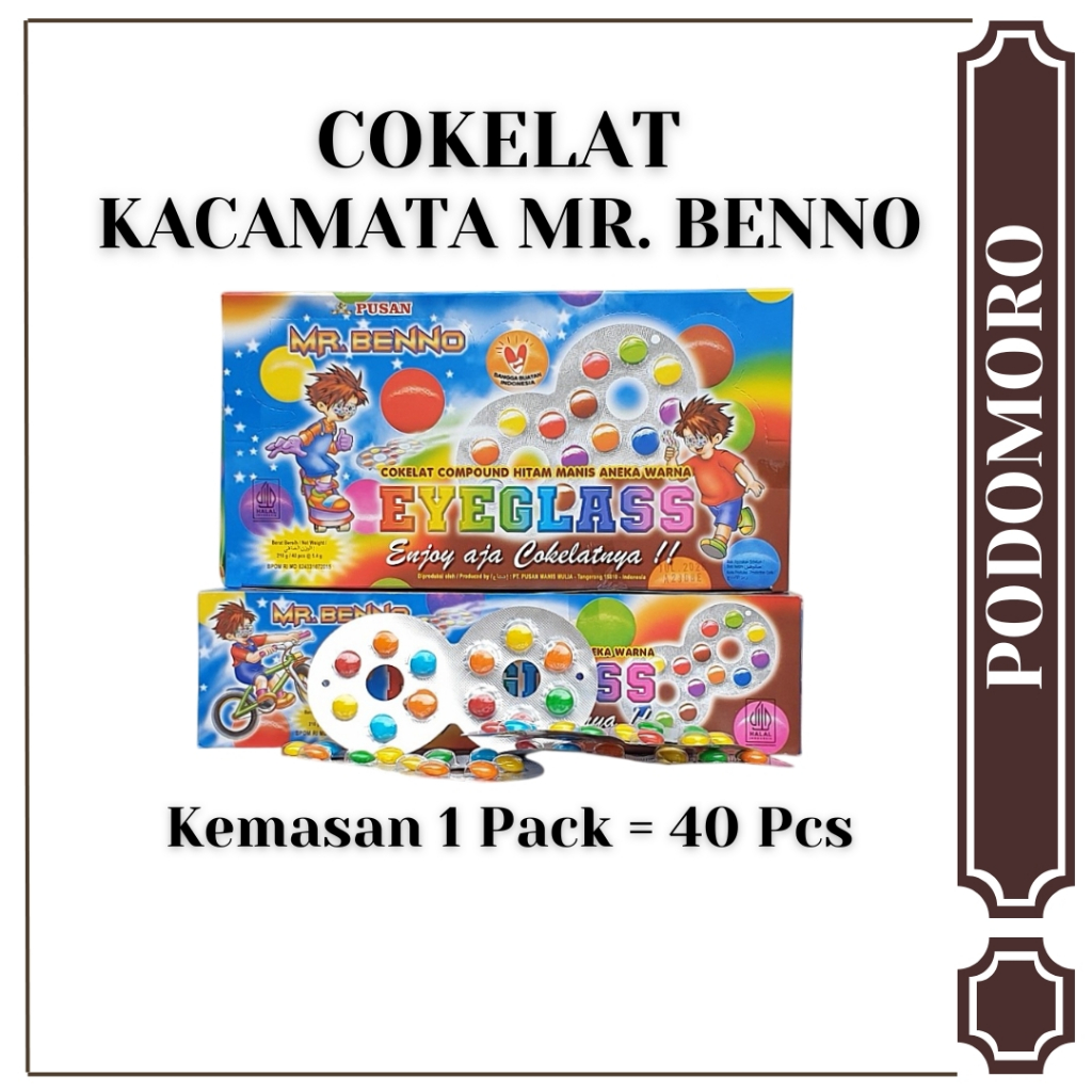 

Cokelat Kacamata Mr. Benno - Cokelat Hitam Manis Aneka Warna - Permen Cokelat Jadul - 1 Pack isi 40 Lembar