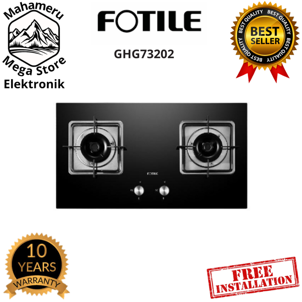 FOTILE Kompor gas tanam GHG73202 2 tungku Kaca Hitam 73 cm GHG 73202