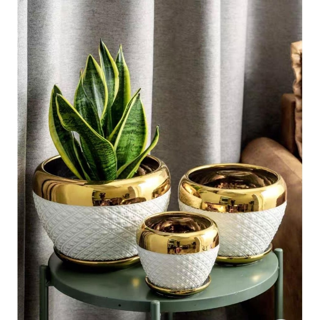 Pot Keramik Tanaman Vas bunga keramik Porselen Emas Gold Putih Emas Satu Set rumah Import