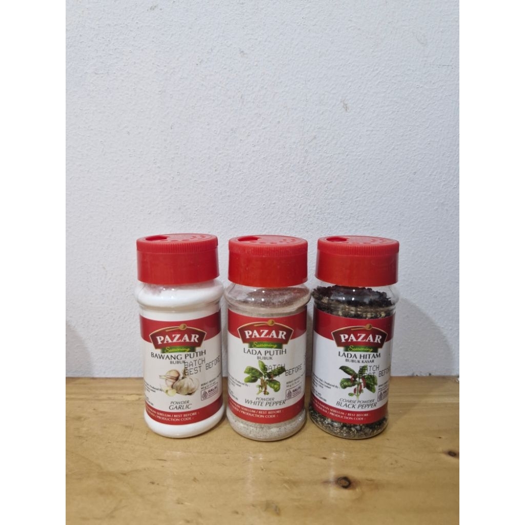 

Pazar Lada Hitam Kasar / Lada Putih / Bawang Putih Bubuk White Black Pepper Garlic Powder 50gr Botol