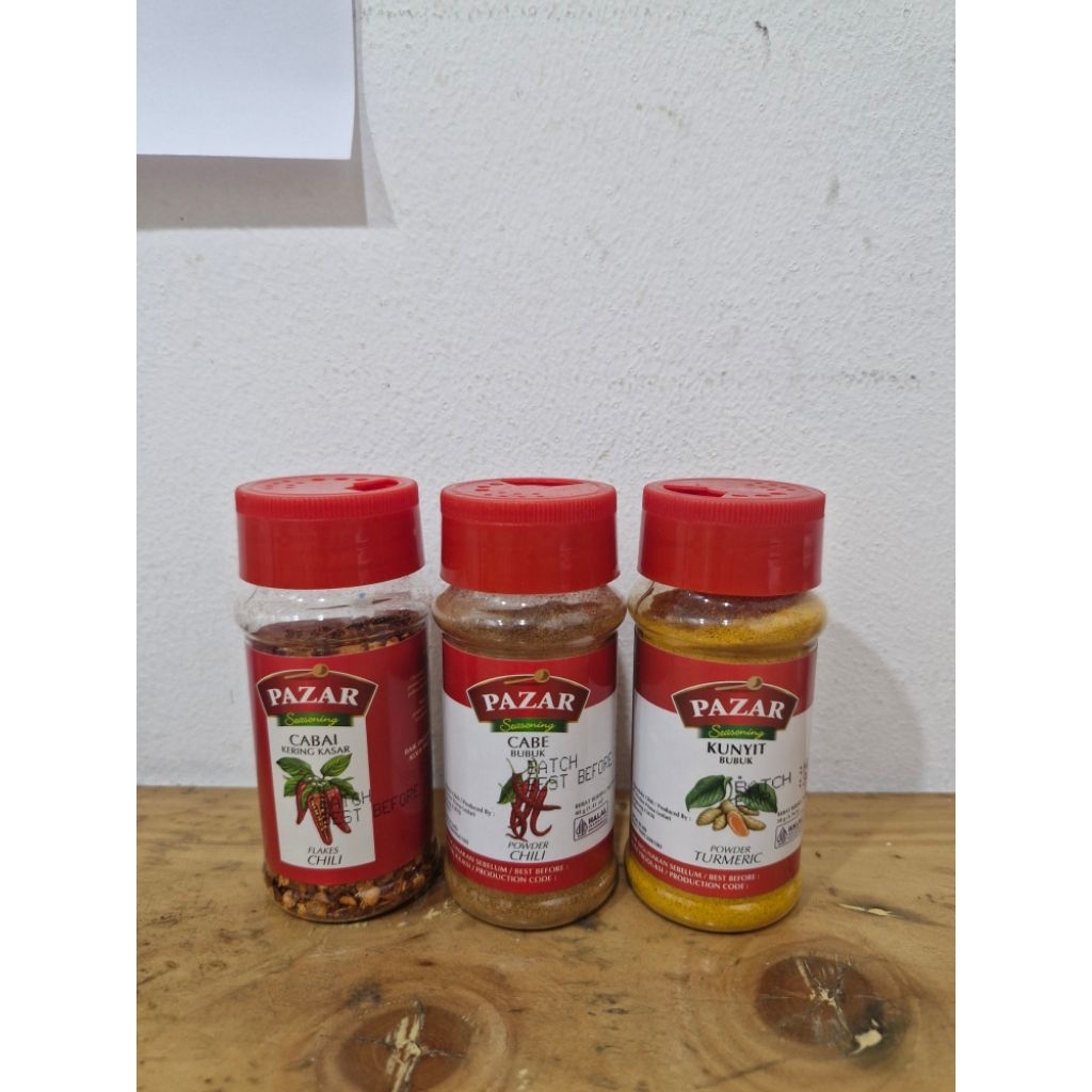 

Pazar Cabe Kering Kasar / Cabai Bubuk / Kunyit Chili Flakes Turmeric Powder 40gr Botol