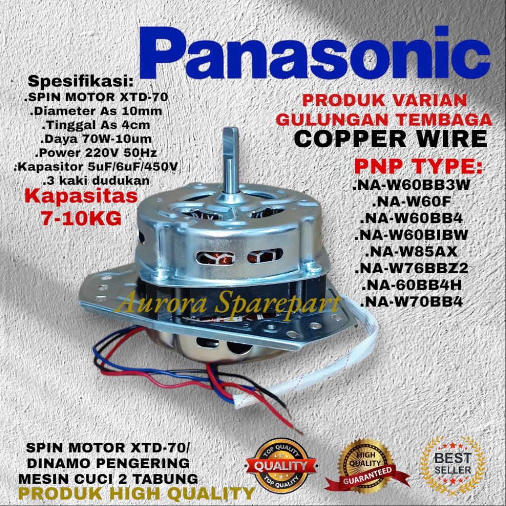 Dinamo Spin Varian Tembaga 70Wat untuk mesin cuci Panasonic 2 Tabung kapasitas 7-10KG