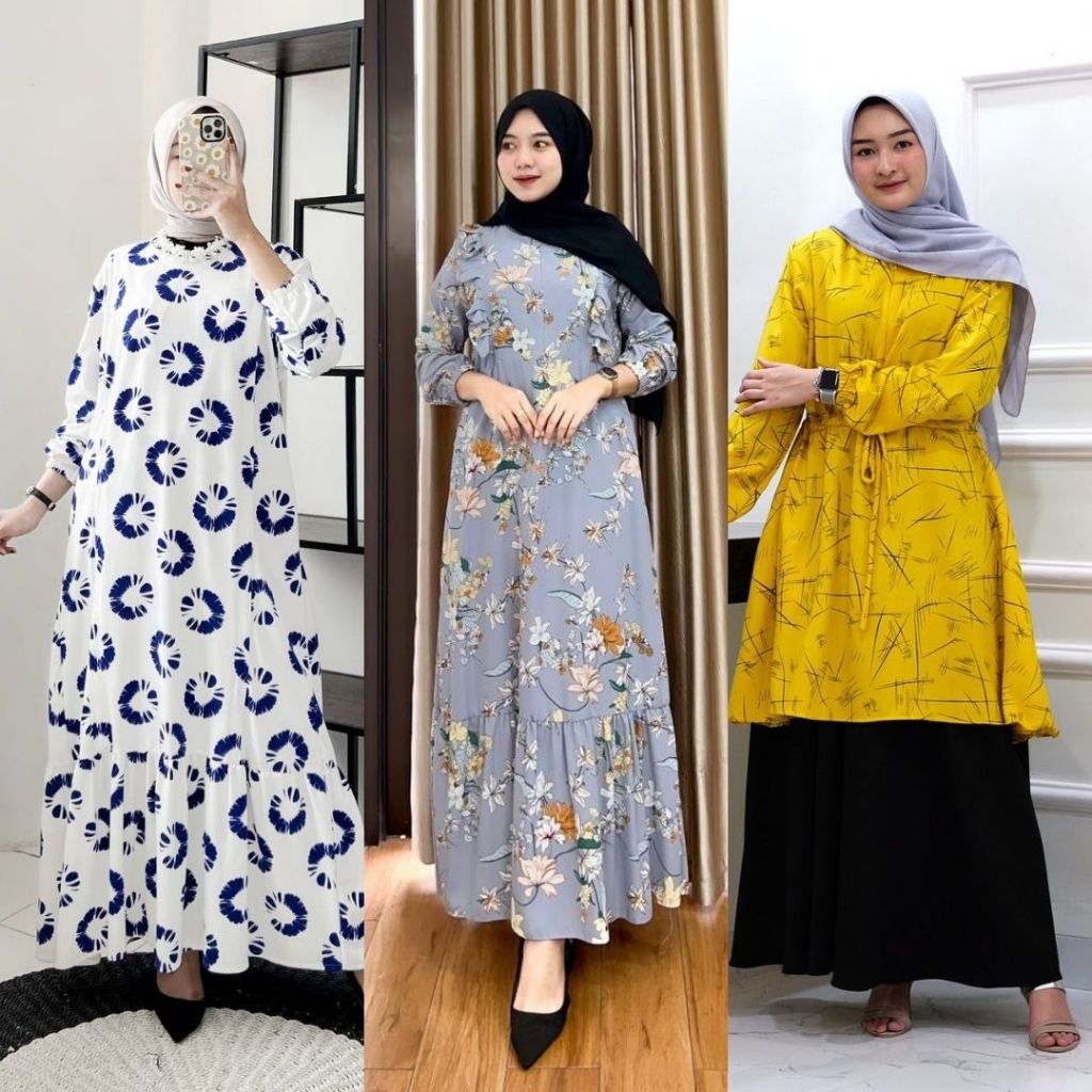 NUHA ZIVANNA WILONA - Dress Motif Bunga Abstrak Terbaru Wanita