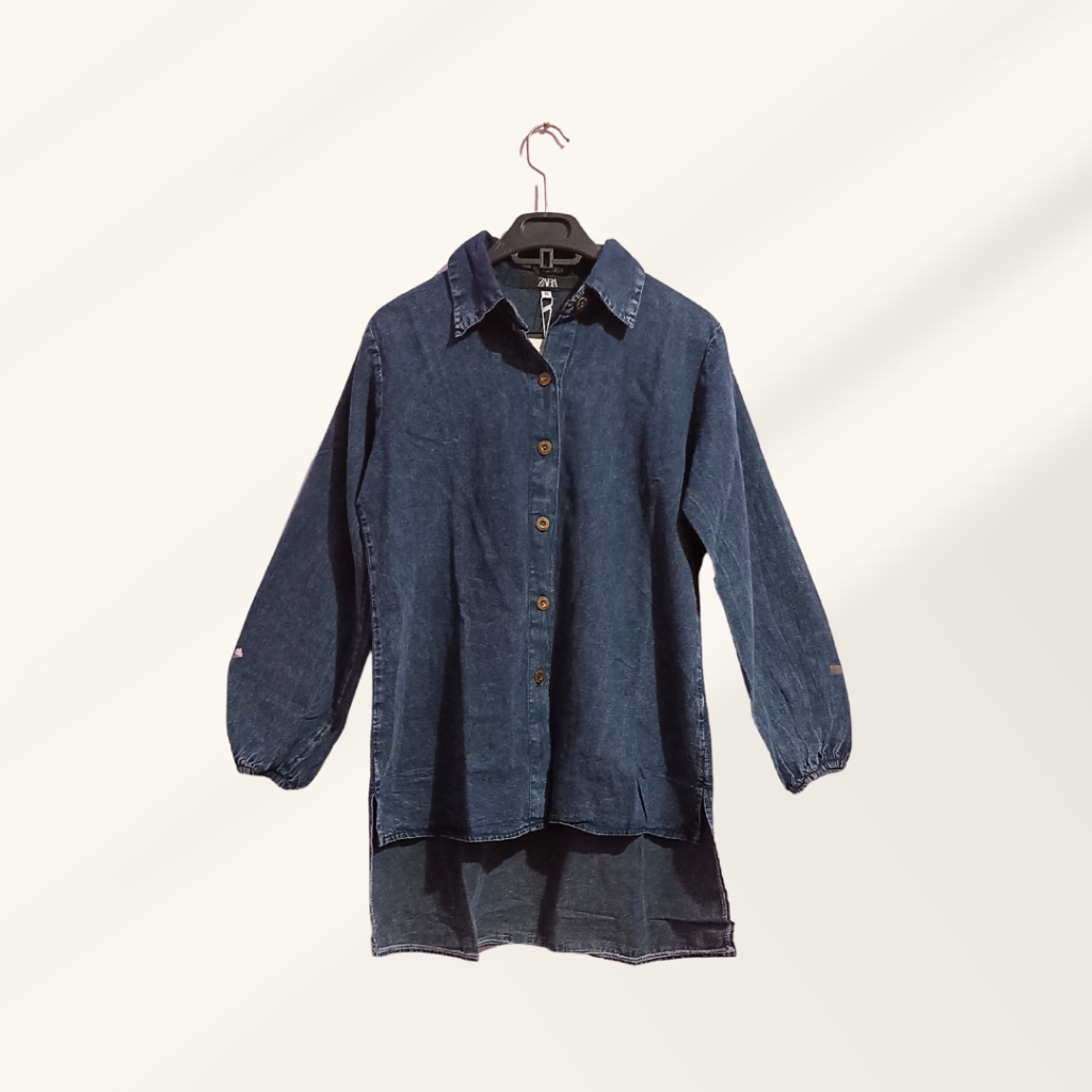 (BARU) Kemeja Wanita Denim Polos | Merek Zara | Warna Navy | Ukuran XL | Kemeja Kerja, Kuliah, daily