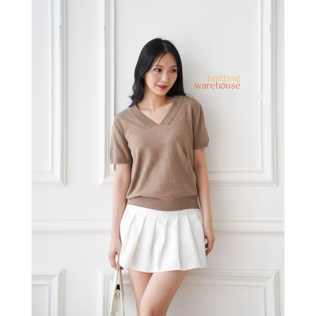 preloved woven house jana top v neck mocca - rajut wanita