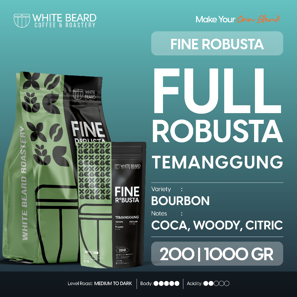 

Whitebeard - Temanggung Fine Robusta 100% Biji Kopi Bubuk Espresso Kopi Susu 200 Gr 1 Kg