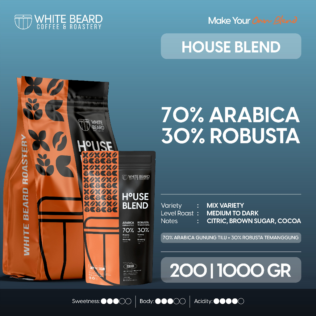 

NEW!!! Whitebeard - Houseblend 70% Arabika 30% Robusta Biji Kopi Bubuk Black Coffee 200 gr 500 gr 1