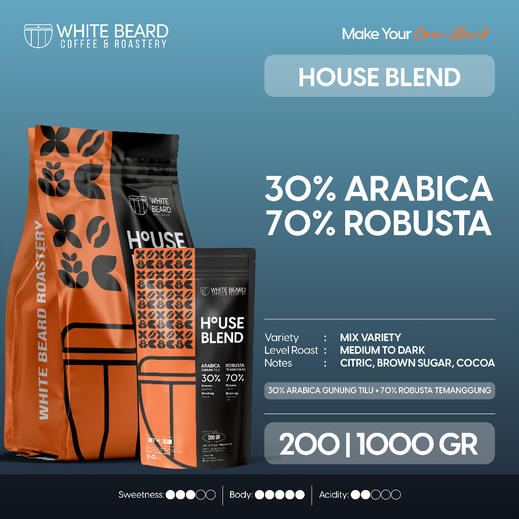 

Whitebeard - Houseblend 30% Arabika 70% Robusta Biji Kopi Bubuk Espresso Base 200 gr 500 gr 1 kg