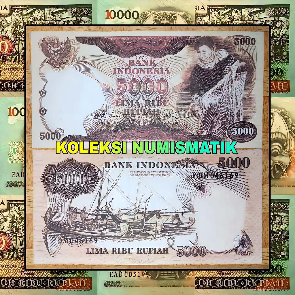 SOUVENIR REPRO UANG KERTAS KUNO INDONESIA 5000 RUPIAH PENJALA IKAN 1975