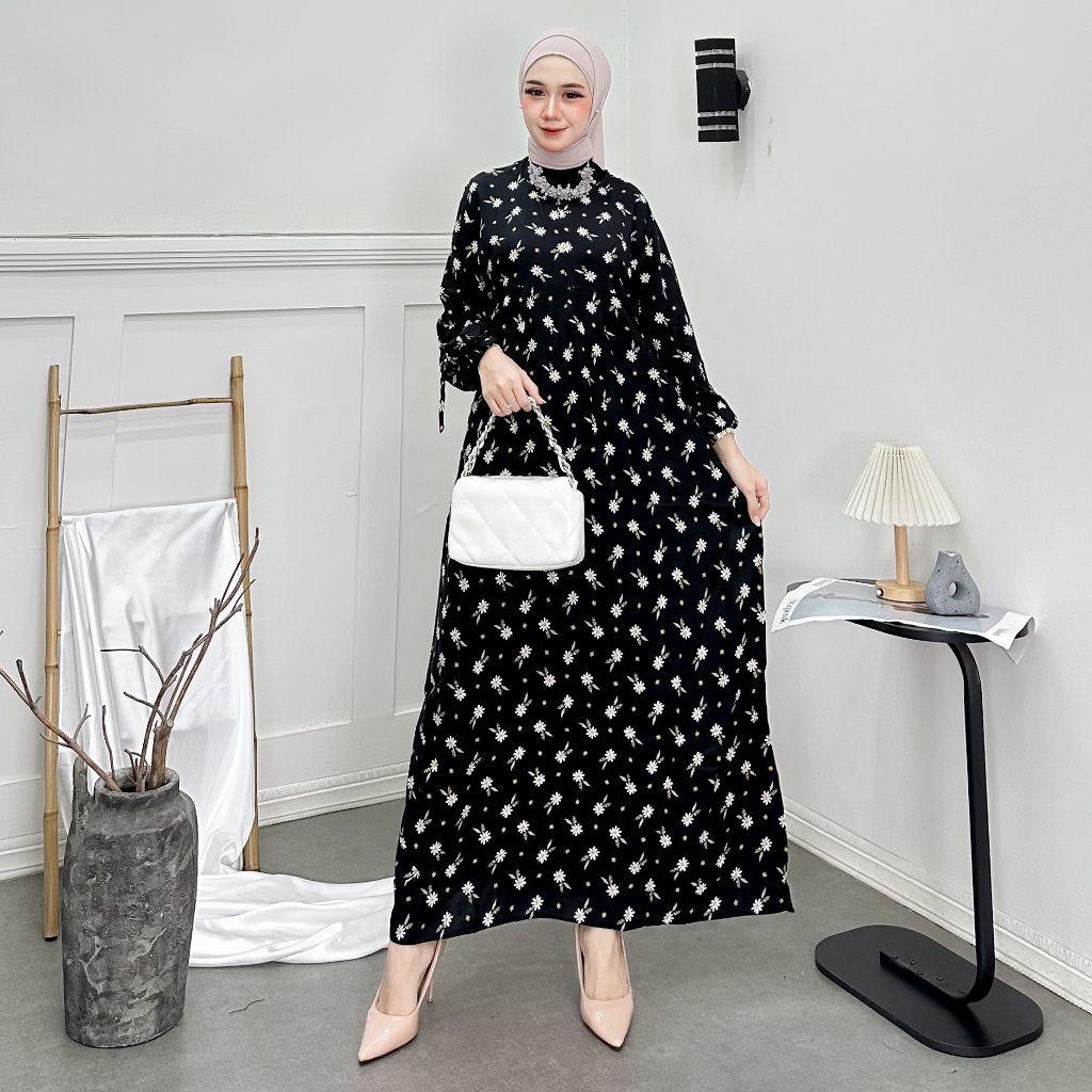 gamis hitam motif bunga dres wanita terbaru lengan panjang bahan rayon
