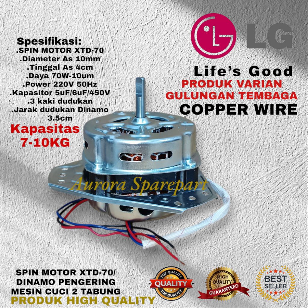 Dinamo spin LG/Dinamo pengering Varian Tembaga mesin cuci 2 Tabung 70W kapasitas 7-10KG