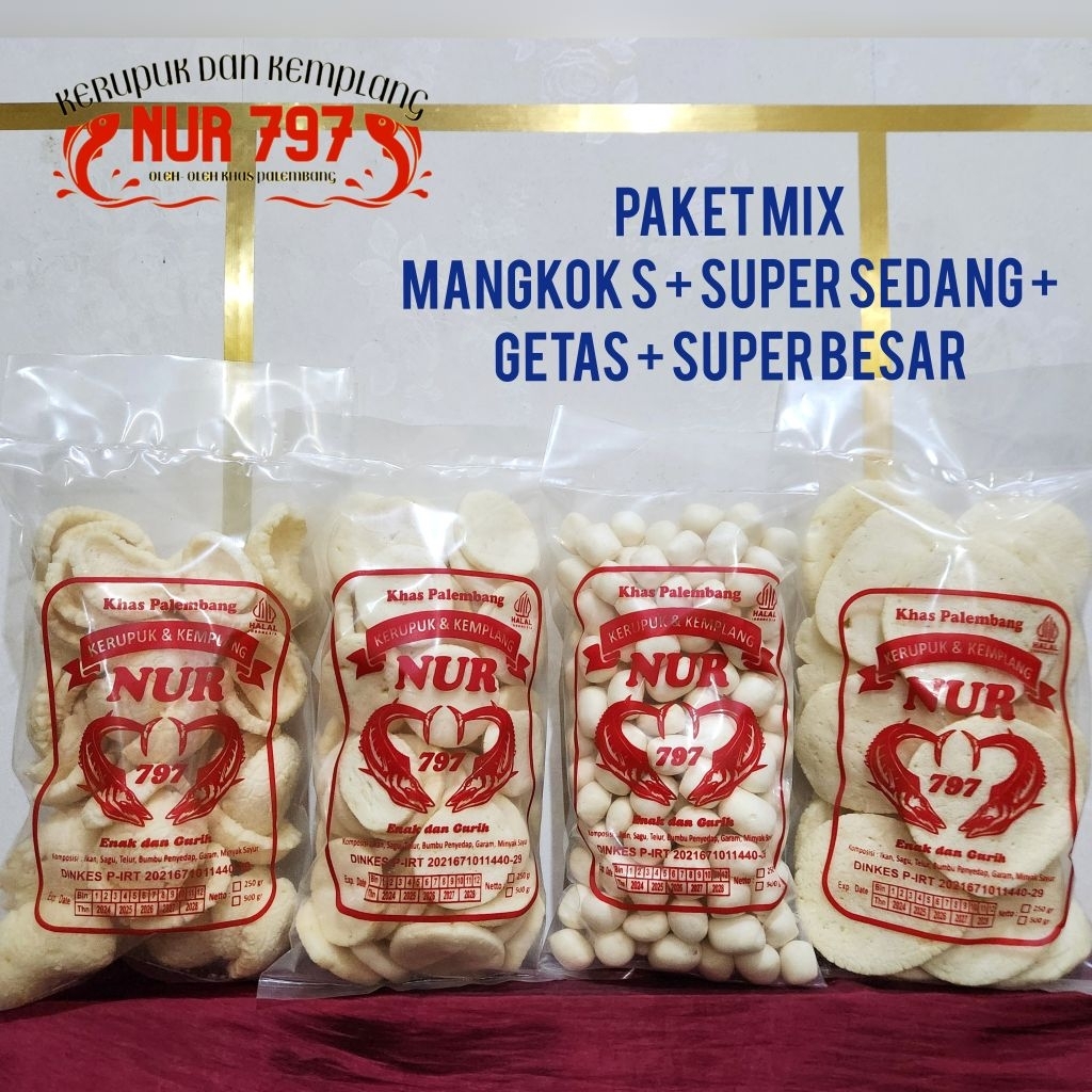 

PAKET MIX 1000 gram MANGKOK SUPER SEDANG GETAS BESAR ikan tenggiri kerupuk dan kemplang NUR 797 khas palembang asli