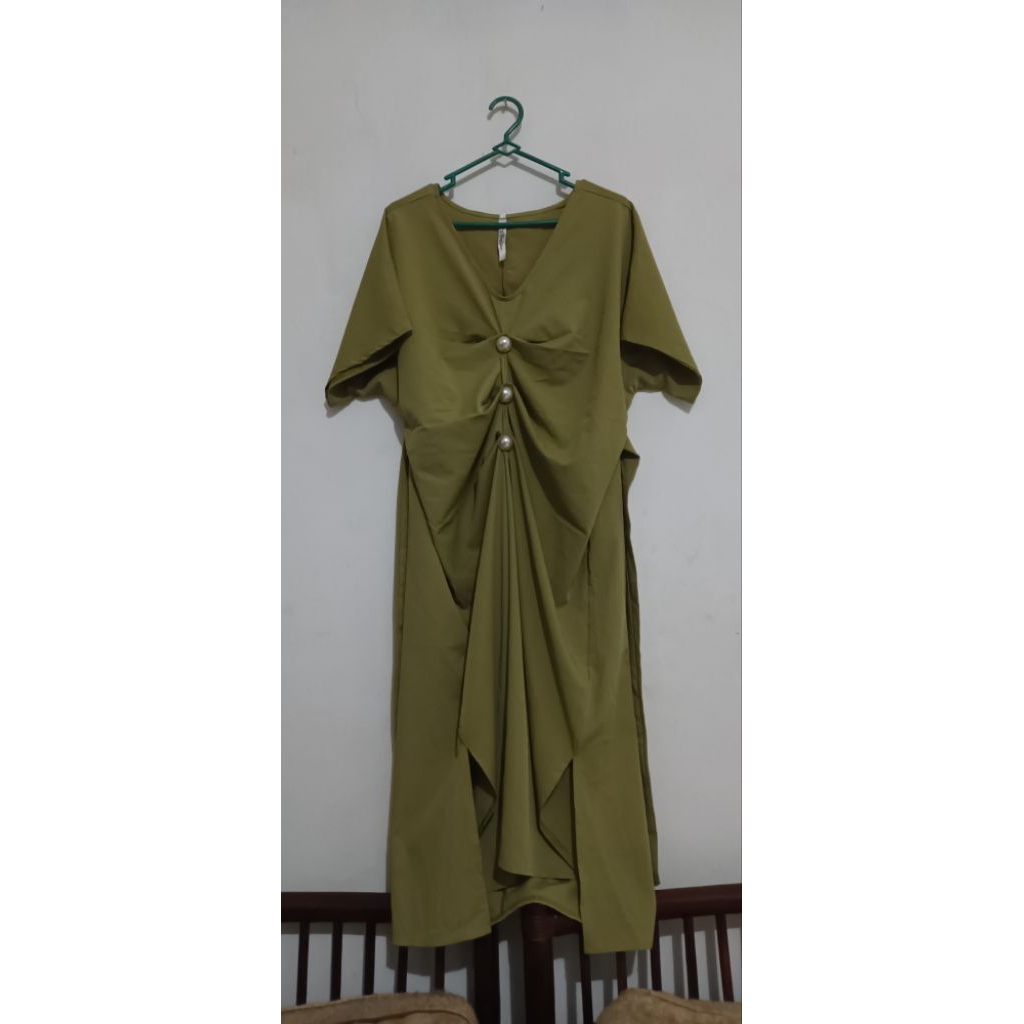 Dress Gaun Mewah Mutiara LD Besar Bigsize Army Olive Hijau Murce Sifon Premium