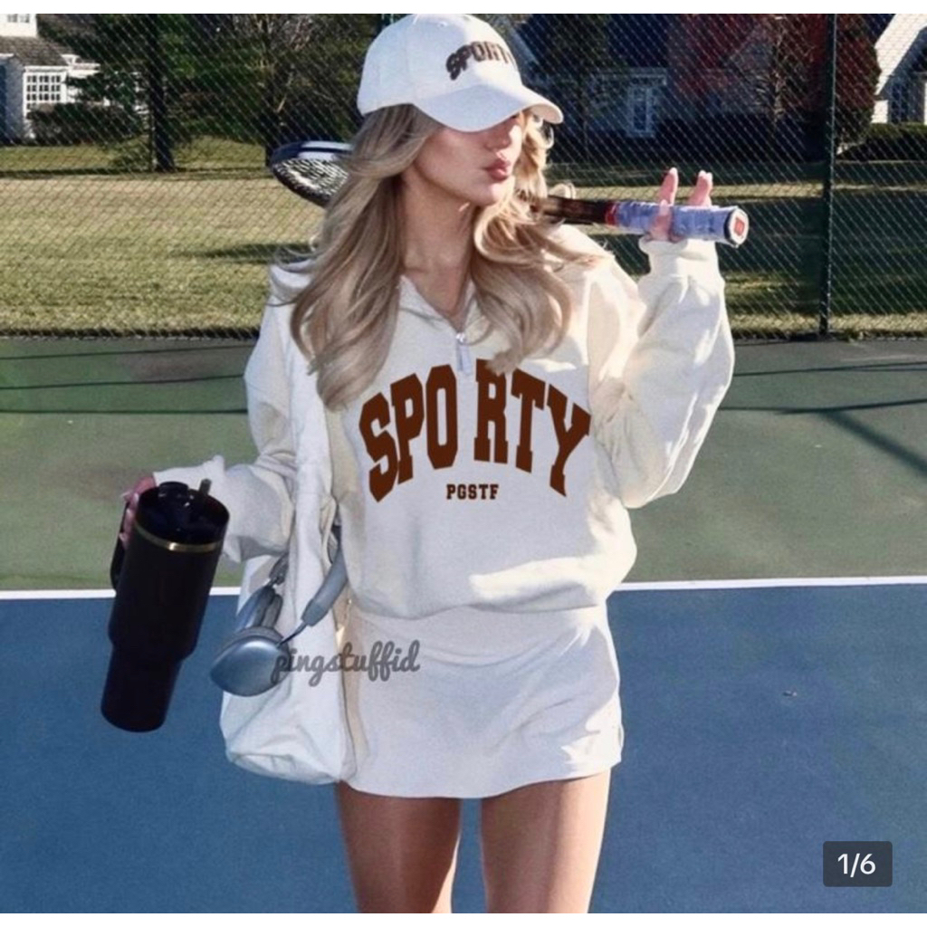 Halfzip Sweater Sporty Crewneck Oversize Wanita Bahan Lembut